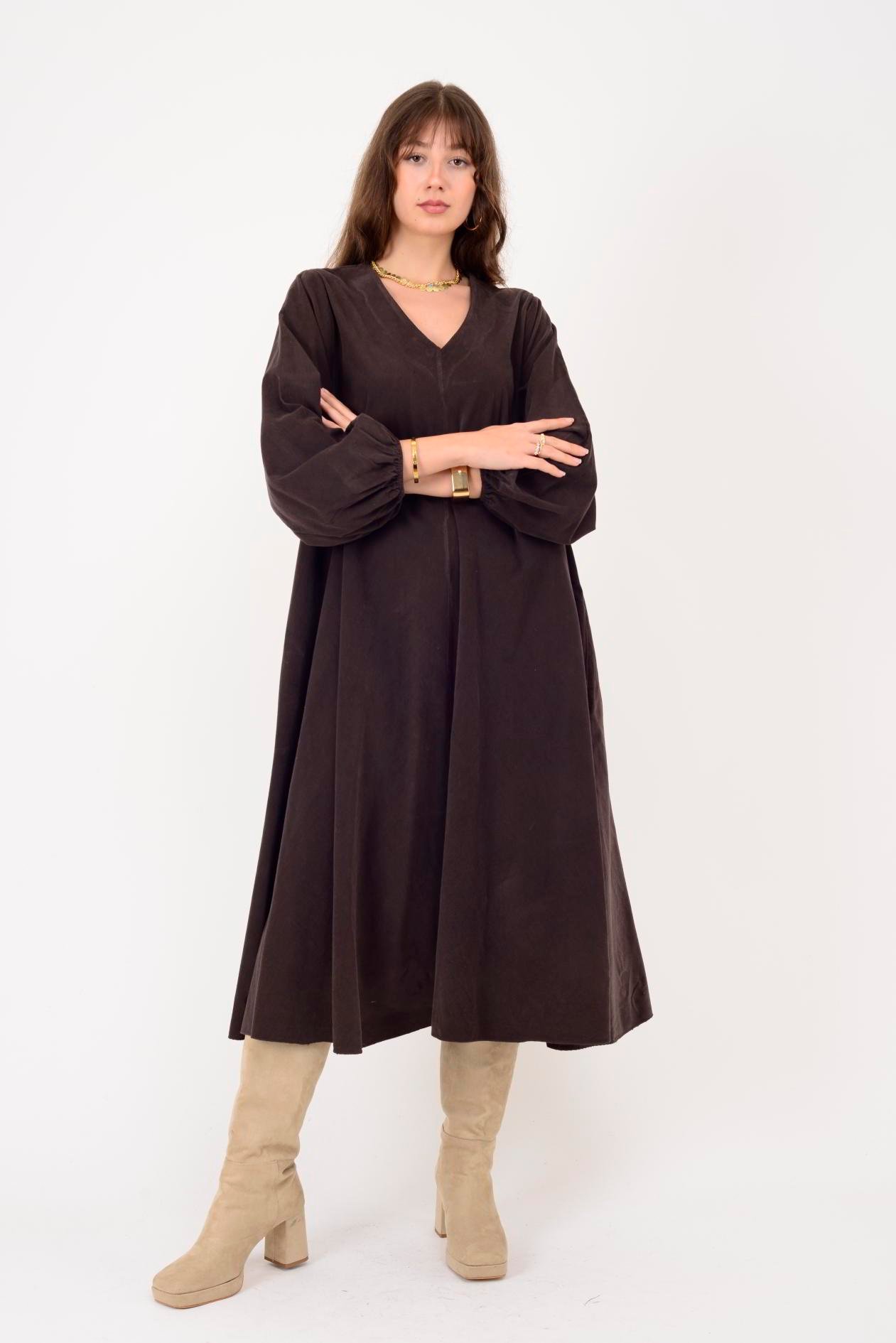 2752 LOVA BALON KOL DETAYLI V YAKA KADİFE ELBİSE