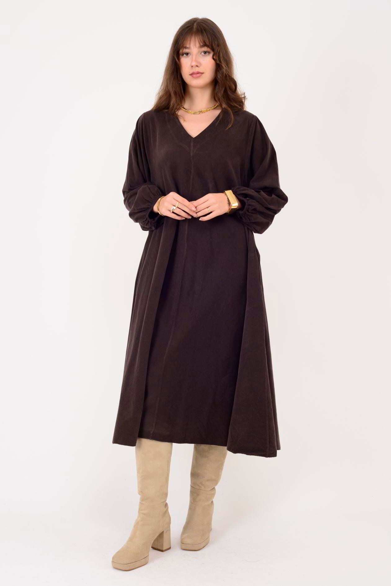 2752 LOVA BALON KOL DETAYLI V YAKA KADİFE ELBİSE