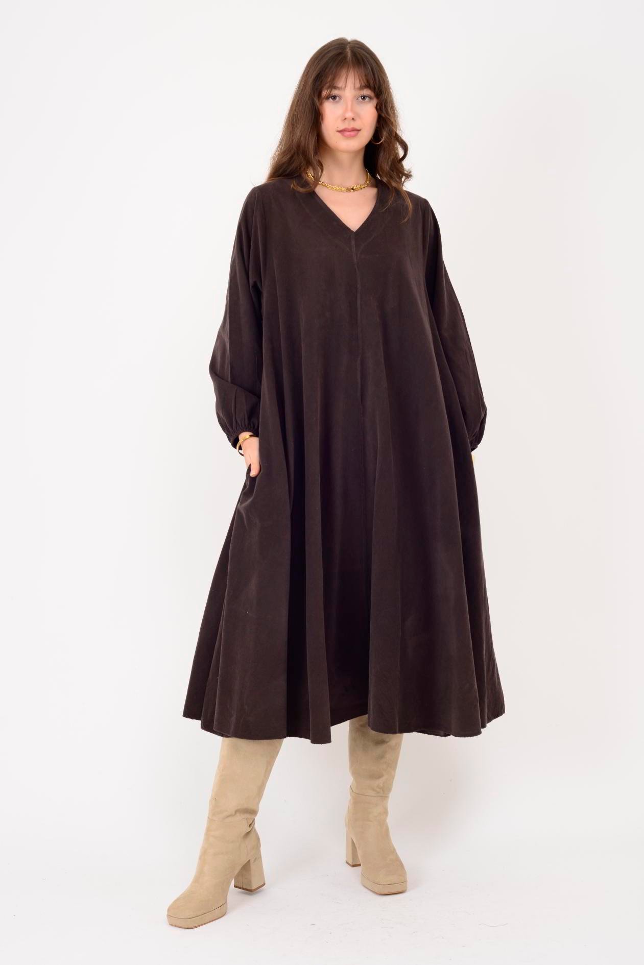 2752 LOVA BALON KOL DETAYLI V YAKA KADİFE ELBİSE