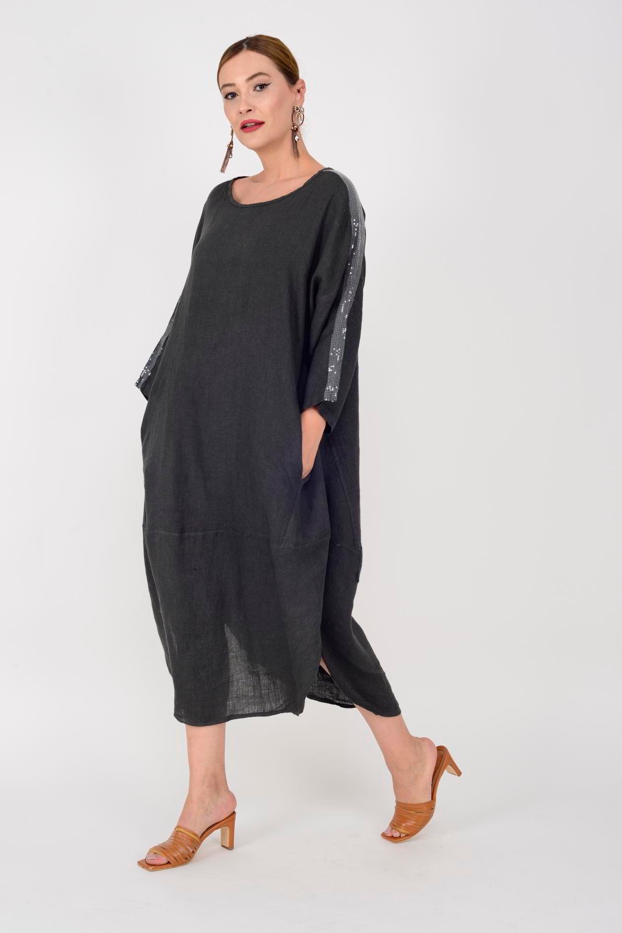 2887 SPRING PUL DETAYLI KETEN ELBİSE
