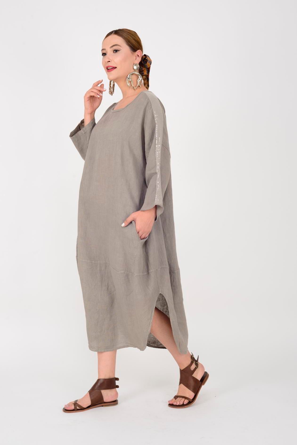 2887 SPRING PUL DETAYLI KETEN ELBİSE