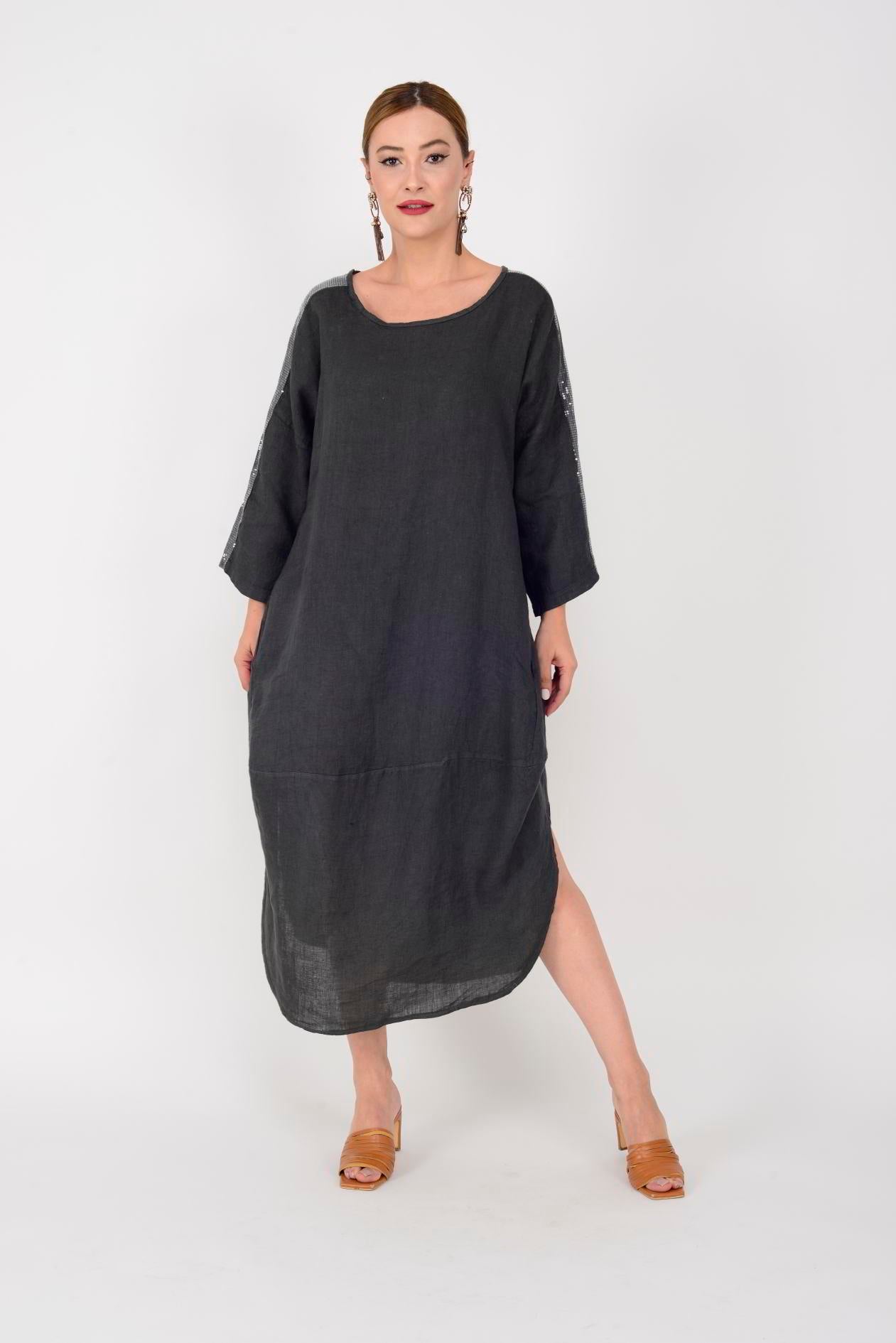 2887 SPRING PUL DETAYLI KETEN ELBİSE