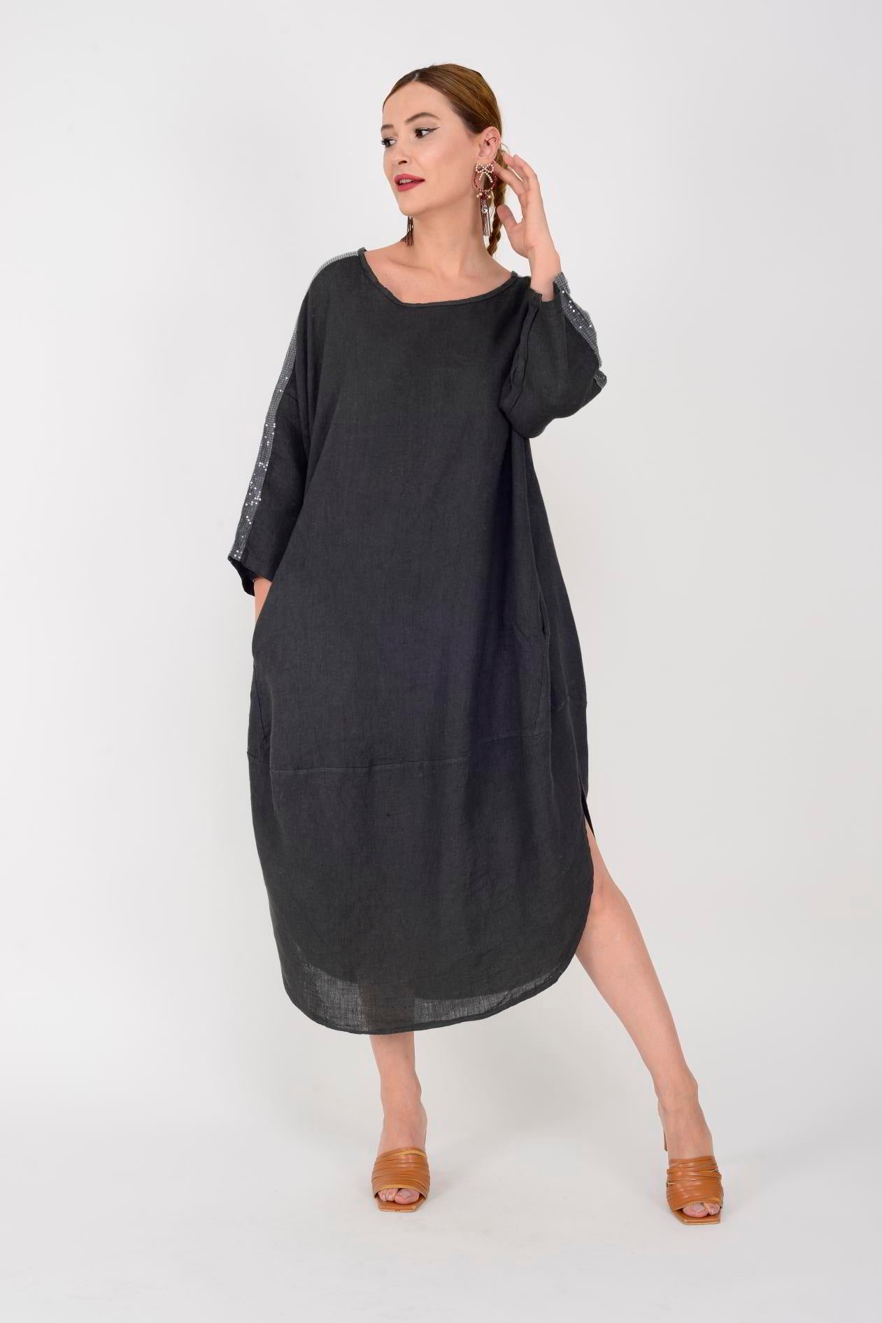 2887 SPRING PUL DETAYLI KETEN ELBİSE