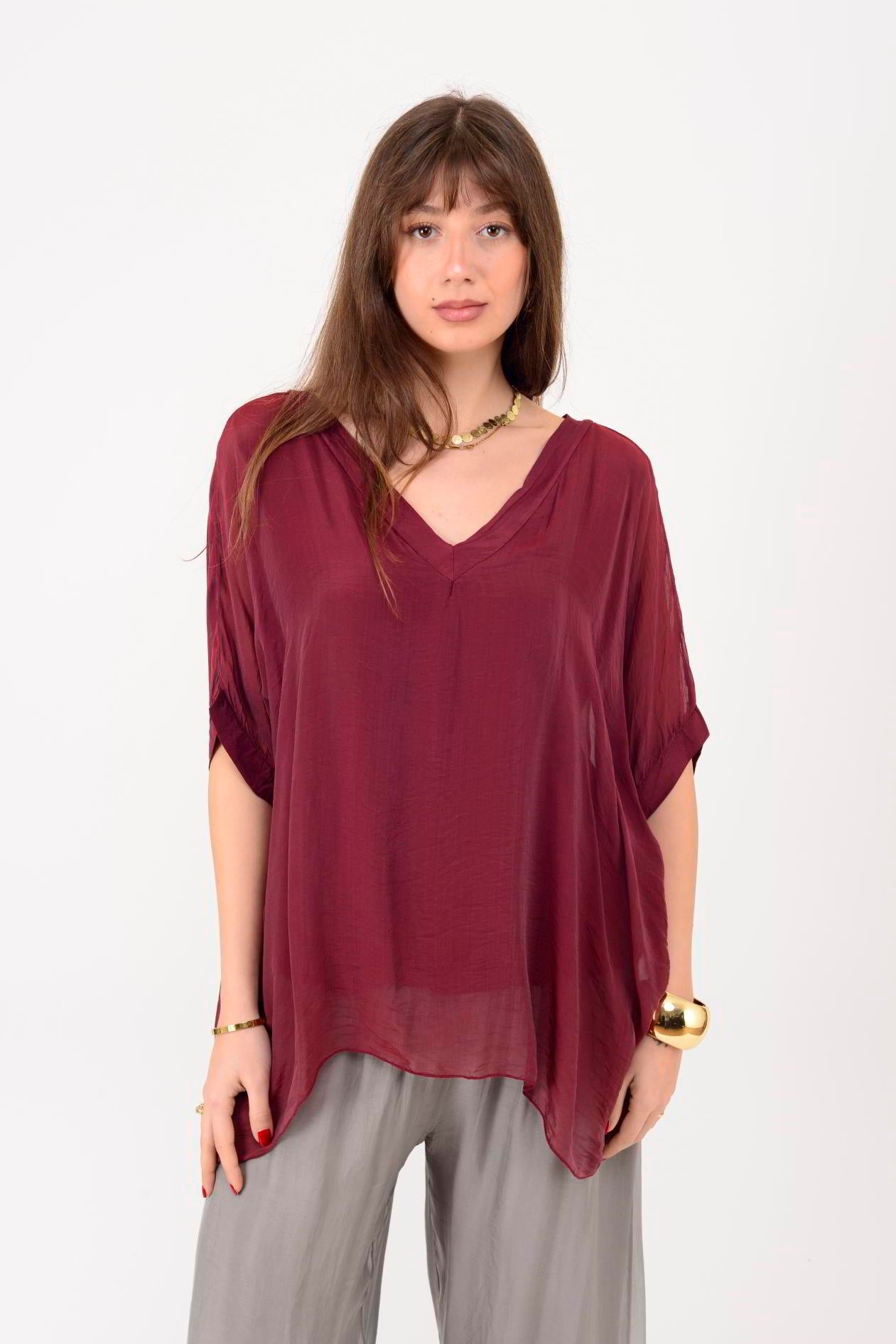 2967 DÜZ DESEN V YAKA İPEK BLUZ
