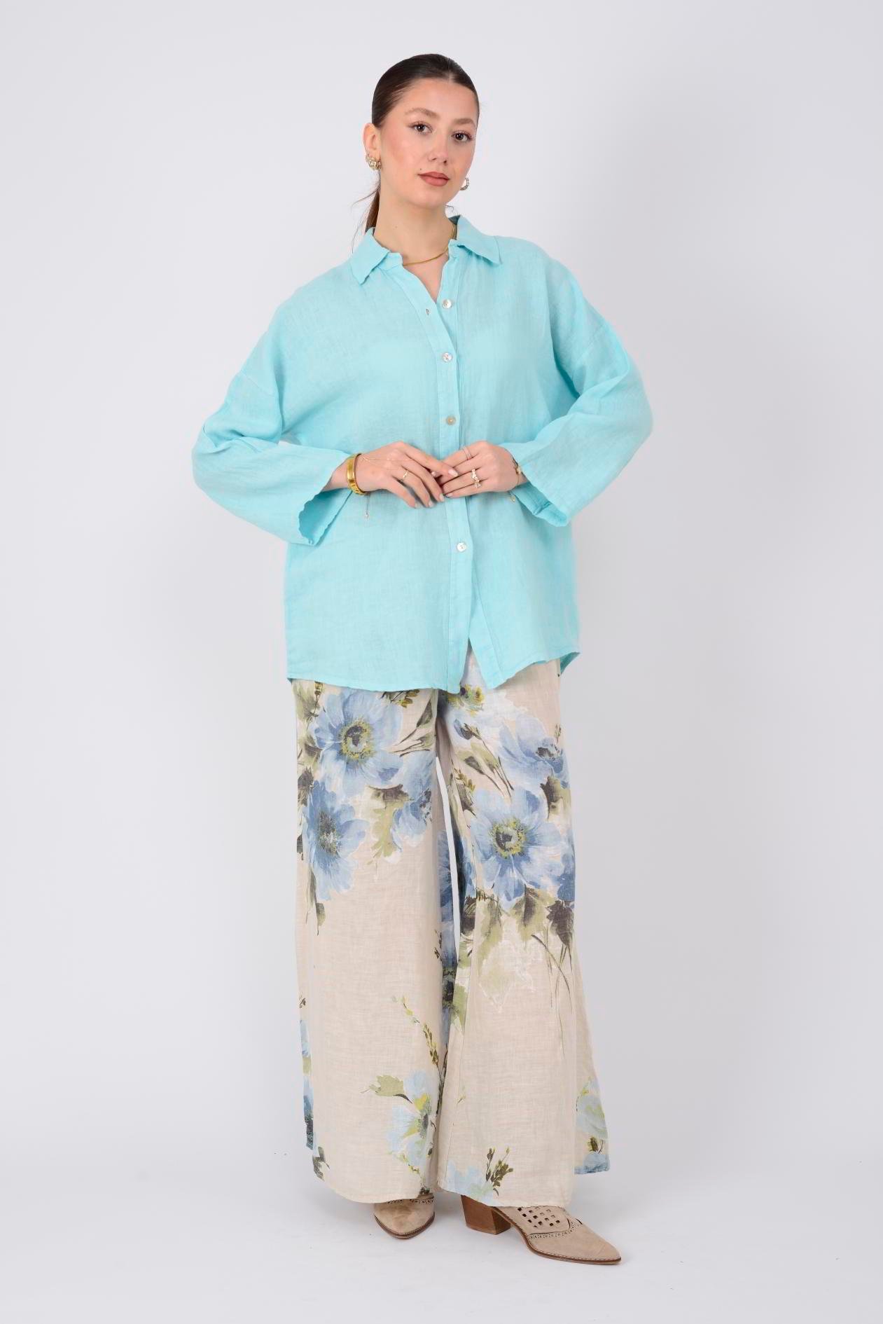 30343 ÇİÇEK DESEN KETEN PANTOLON