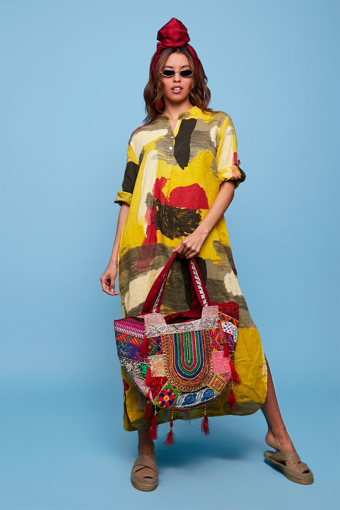 321A PATCHWORK DESEN KETEN ELBİSE