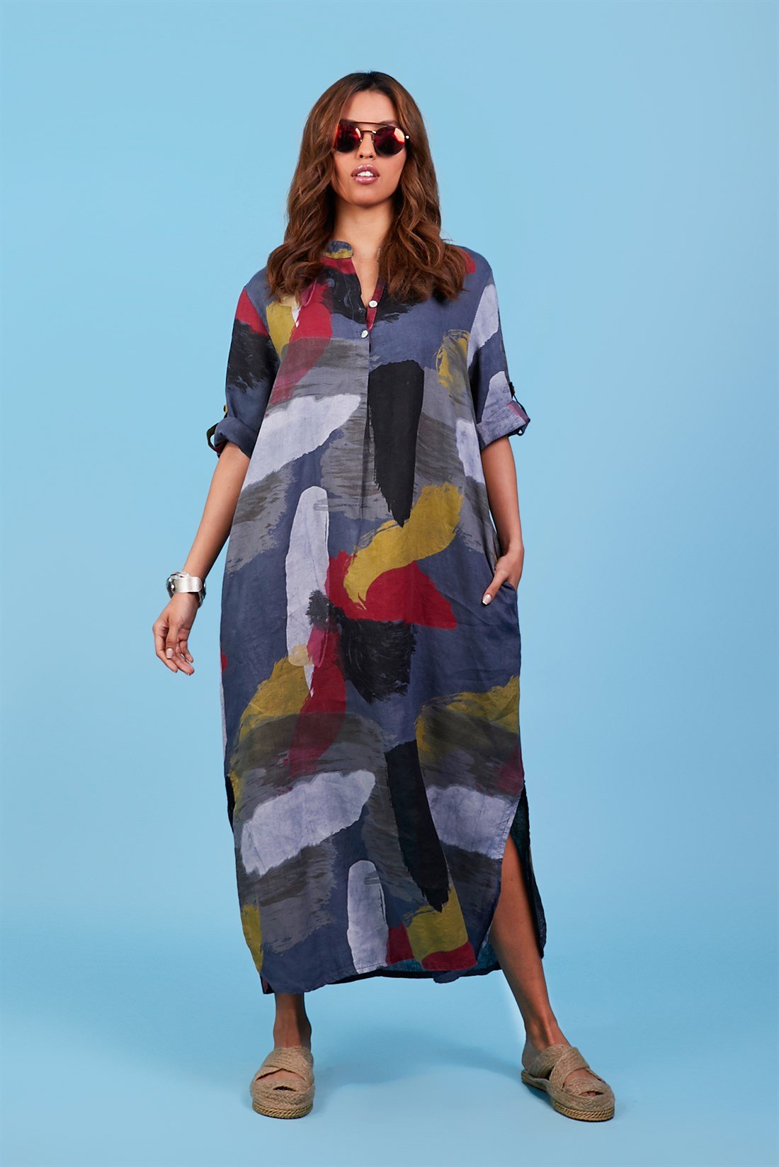 321A PATCHWORK DESEN KETEN ELBİSE
