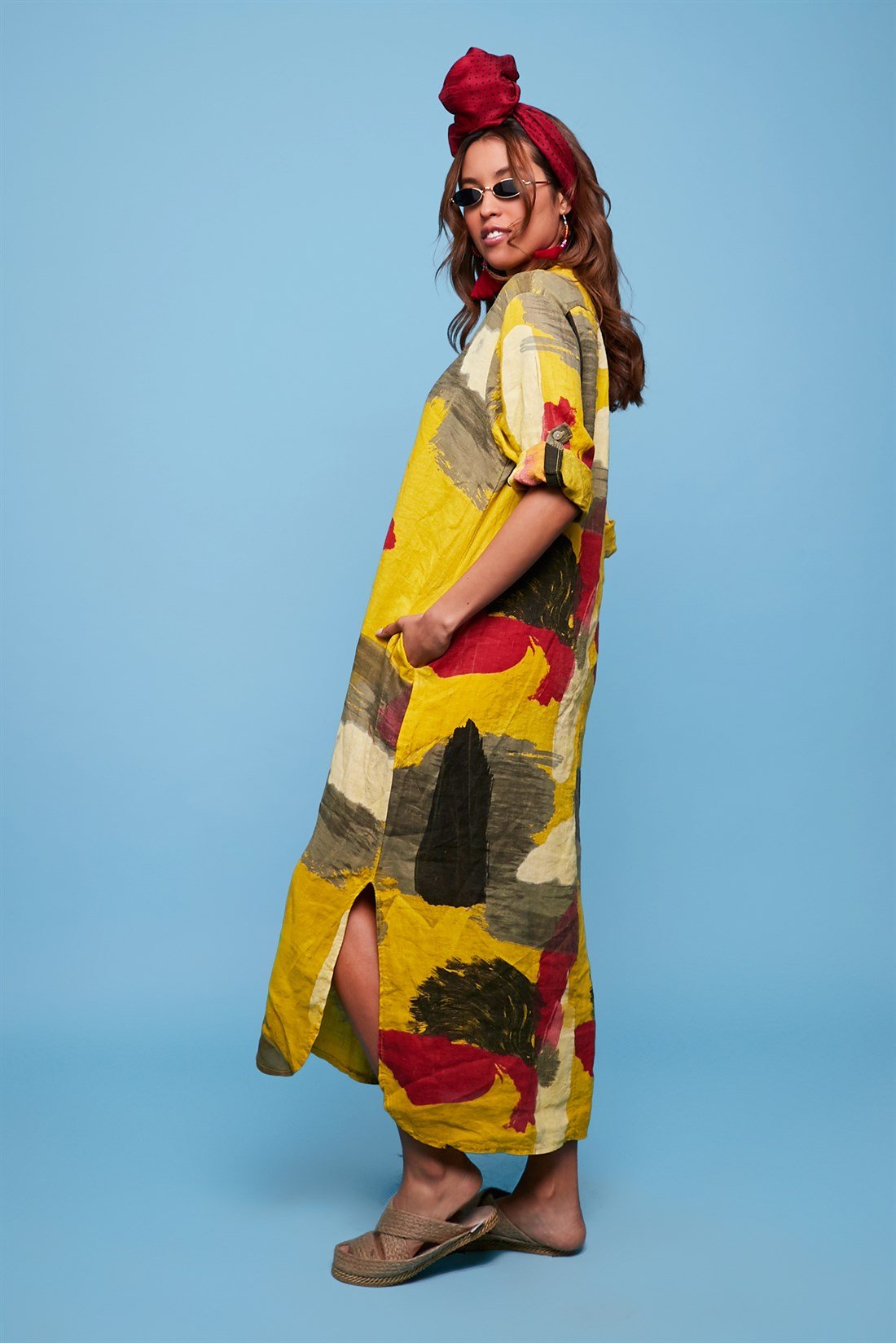 321A PATCHWORK DESEN KETEN ELBİSE