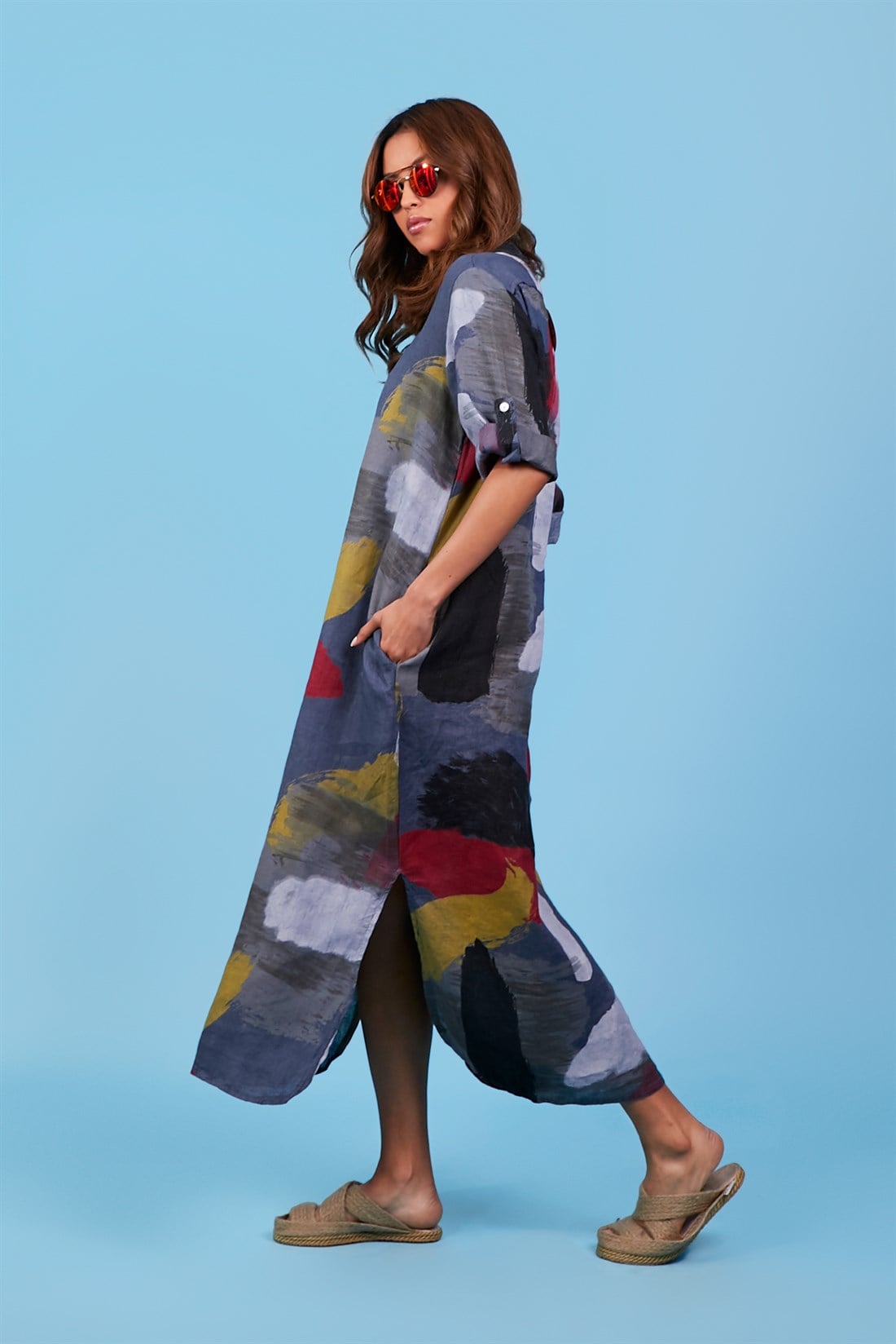 321A PATCHWORK DESEN KETEN ELBİSE