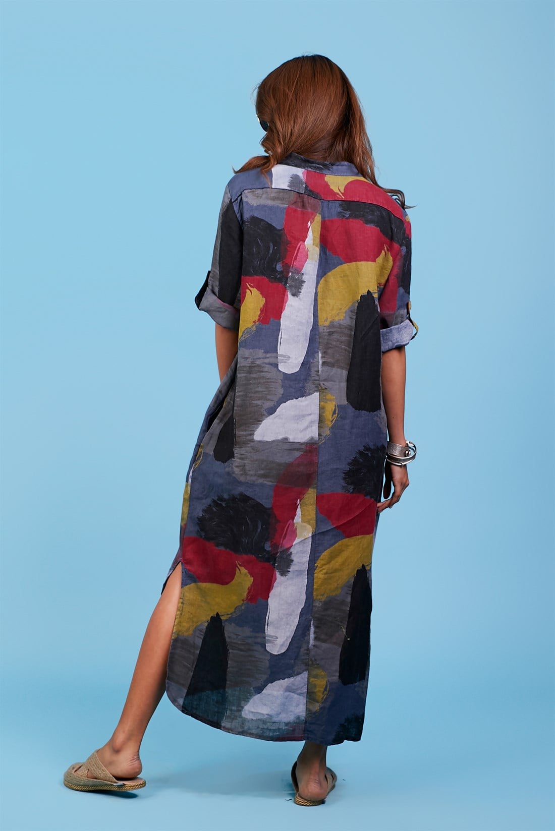 321A PATCHWORK DESEN KETEN ELBİSE