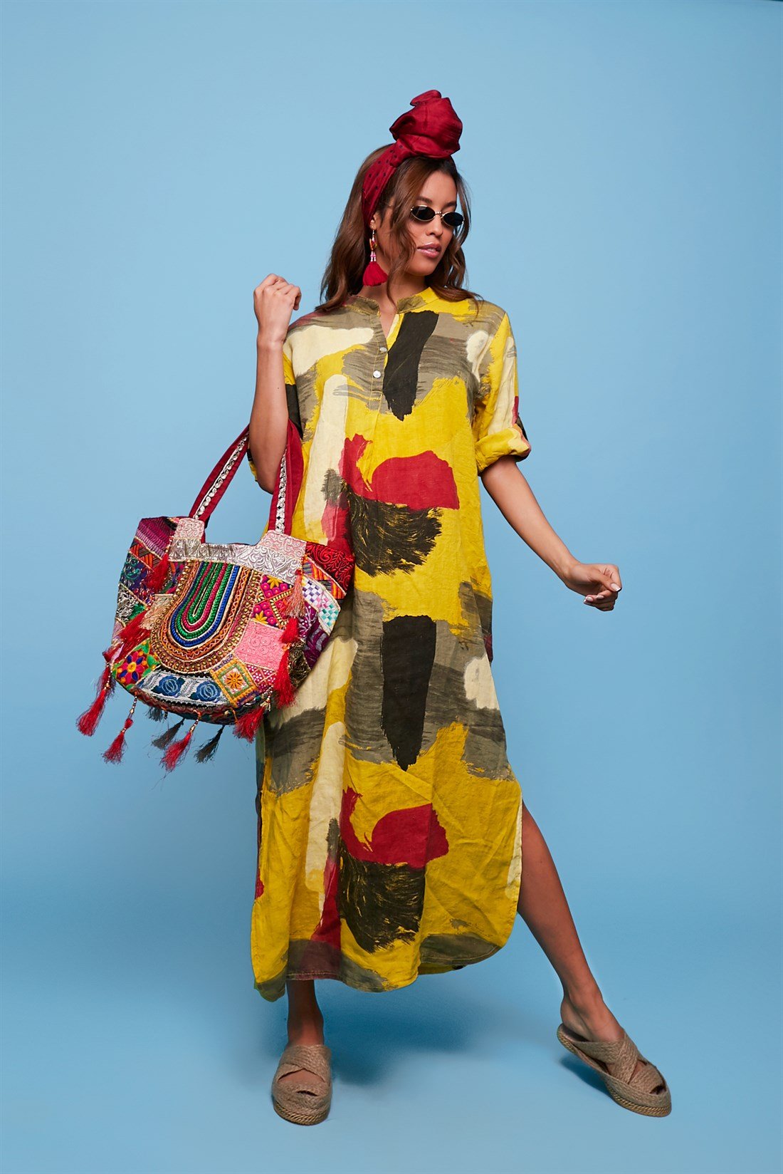 321A PATCHWORK DESEN KETEN ELBİSE