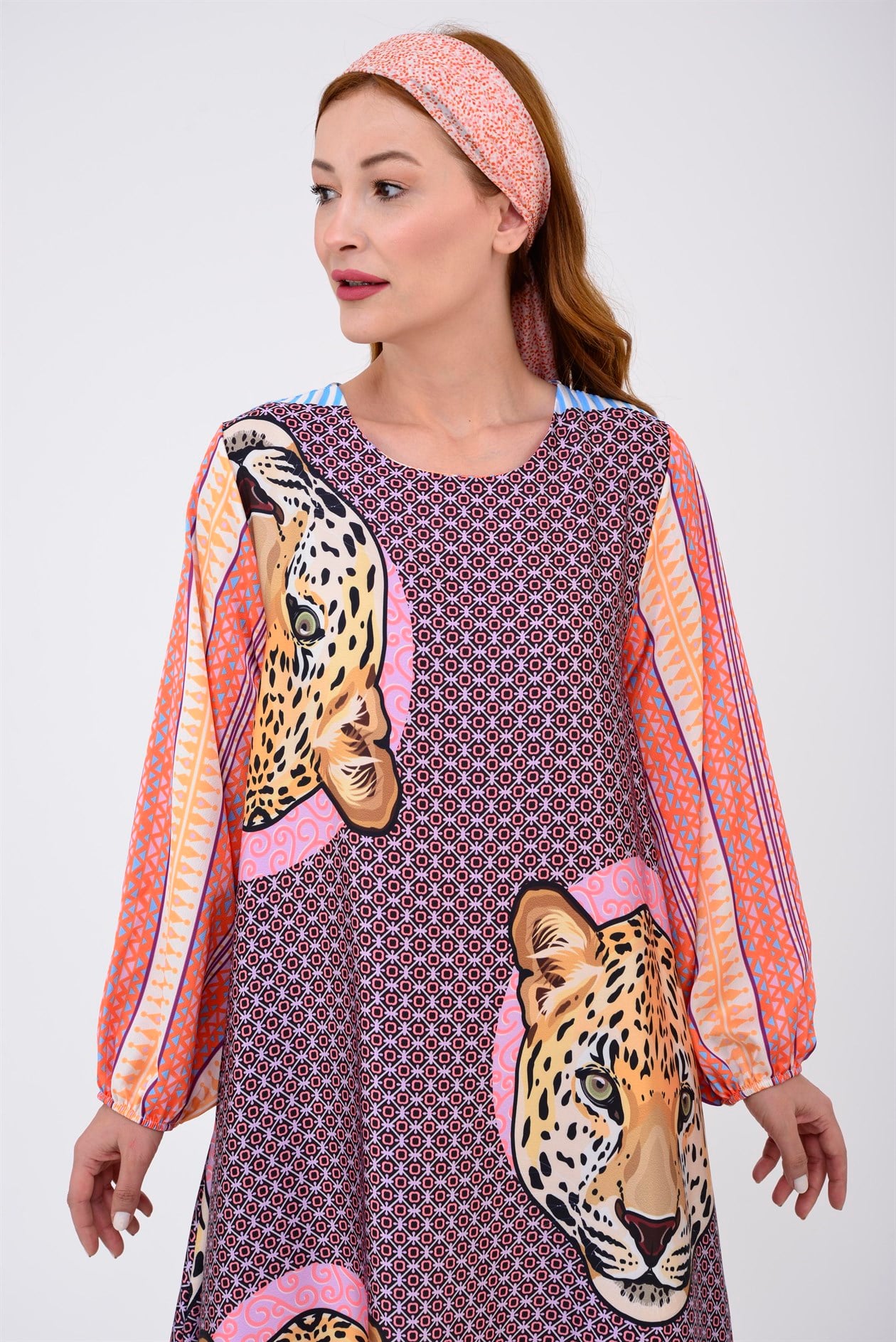 33257ETNİK DESEN TIGER ELBİSE
