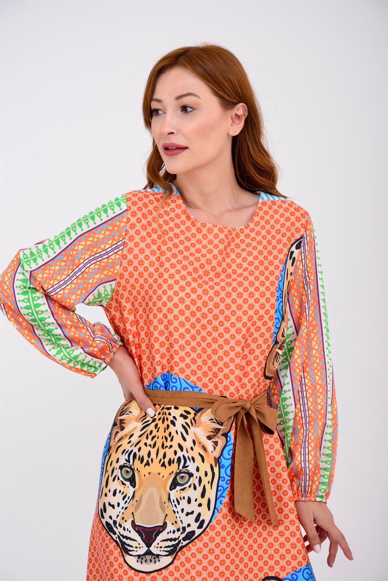33257ETNİK DESEN TIGER ELBİSE