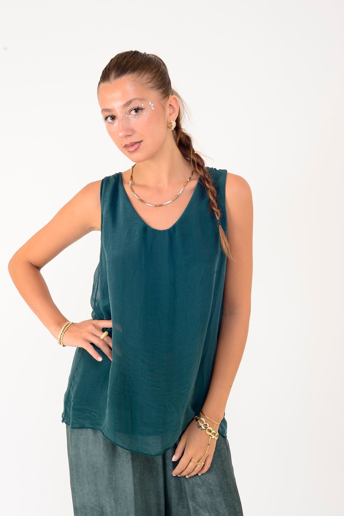 3382 V YAKA KOLSUZ İPEK BLUZ