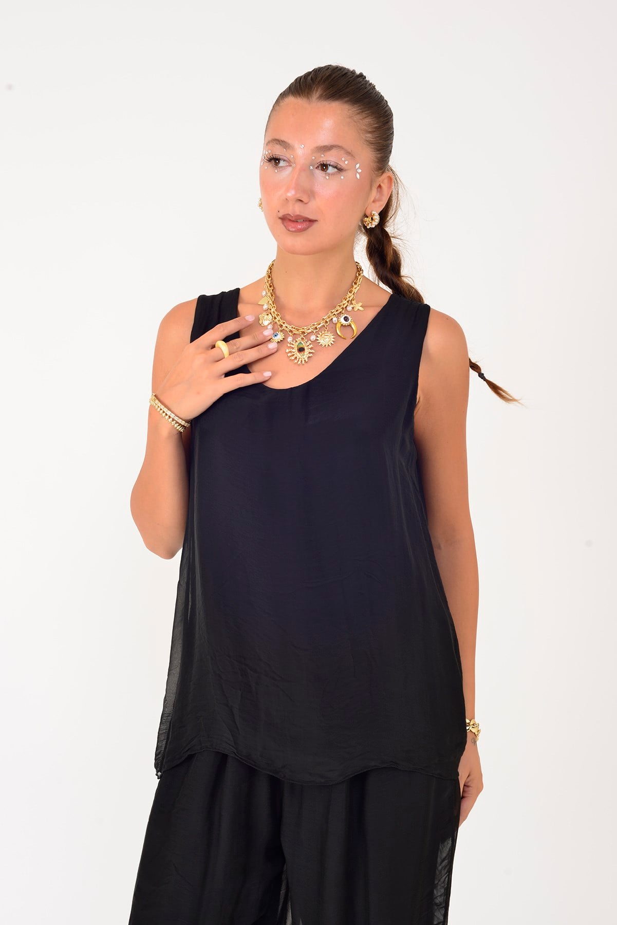 3382 V YAKA KOLSUZ İPEK BLUZ