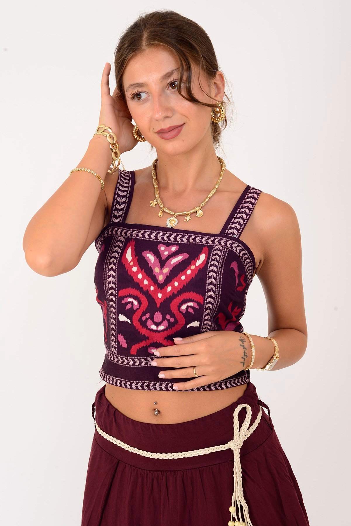 37194 ETNİK DESEN KALIN ASKILI BLUZ