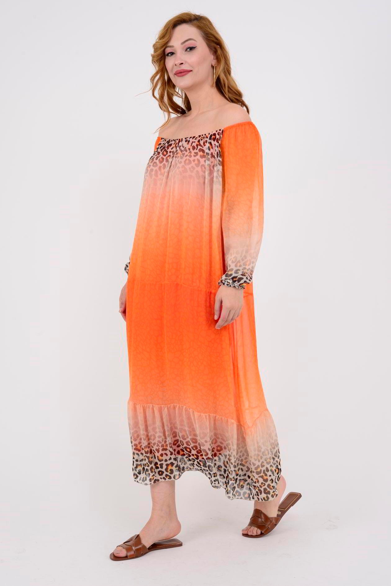 3986 LEOPAR DESEN LASTİK YAKA İPEK ELBİSE