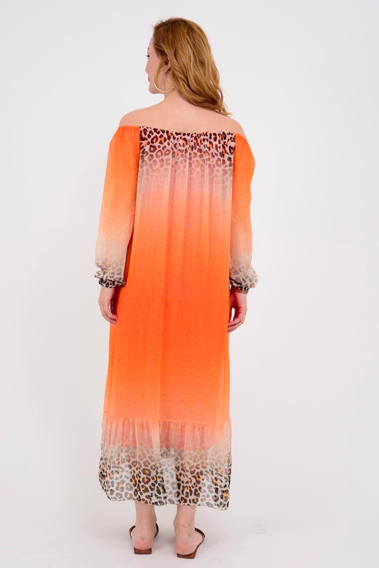 3986 LEOPAR DESEN LASTİK YAKA İPEK ELBİSE