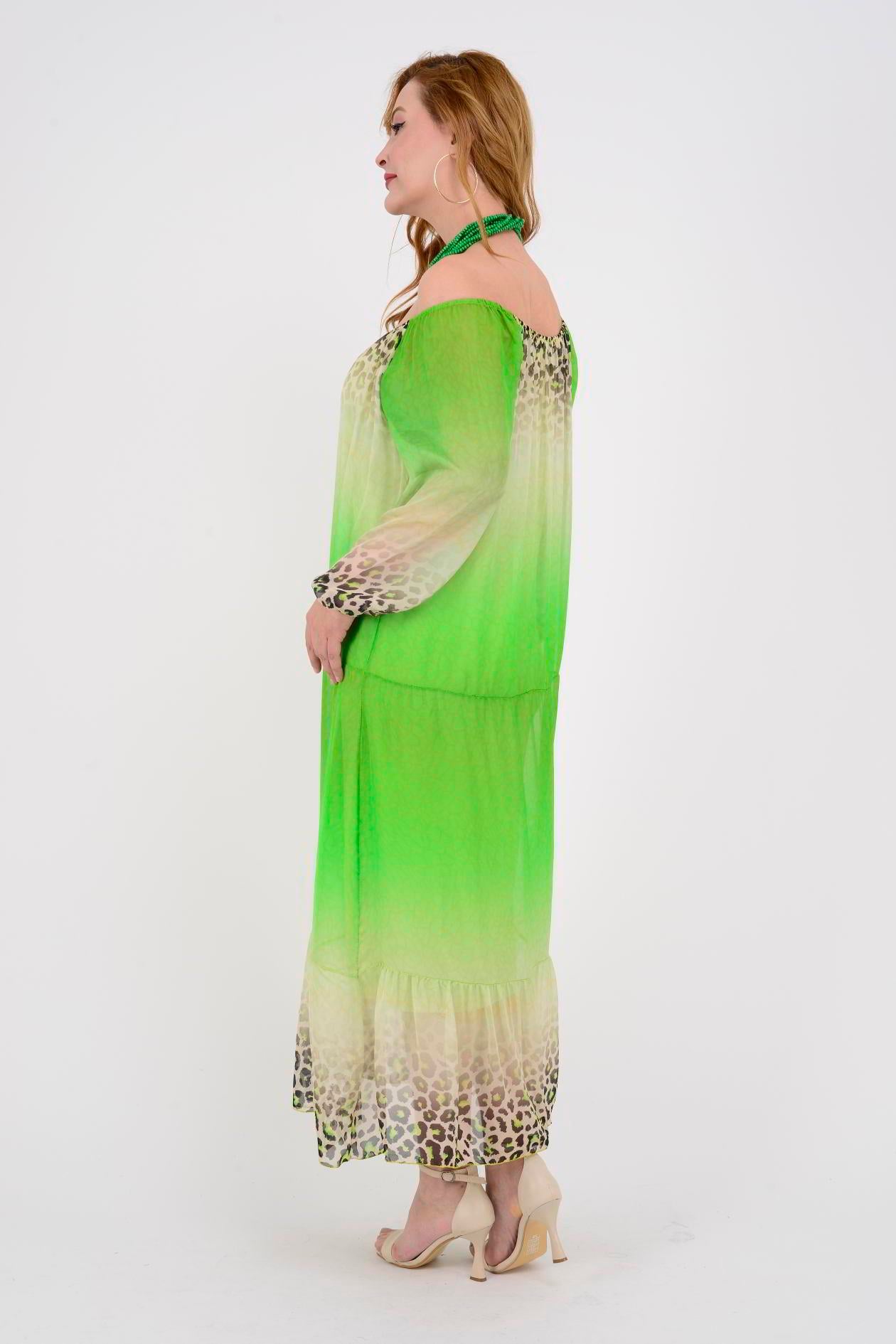 3986 LEOPAR DESEN LASTİK YAKA İPEK ELBİSE