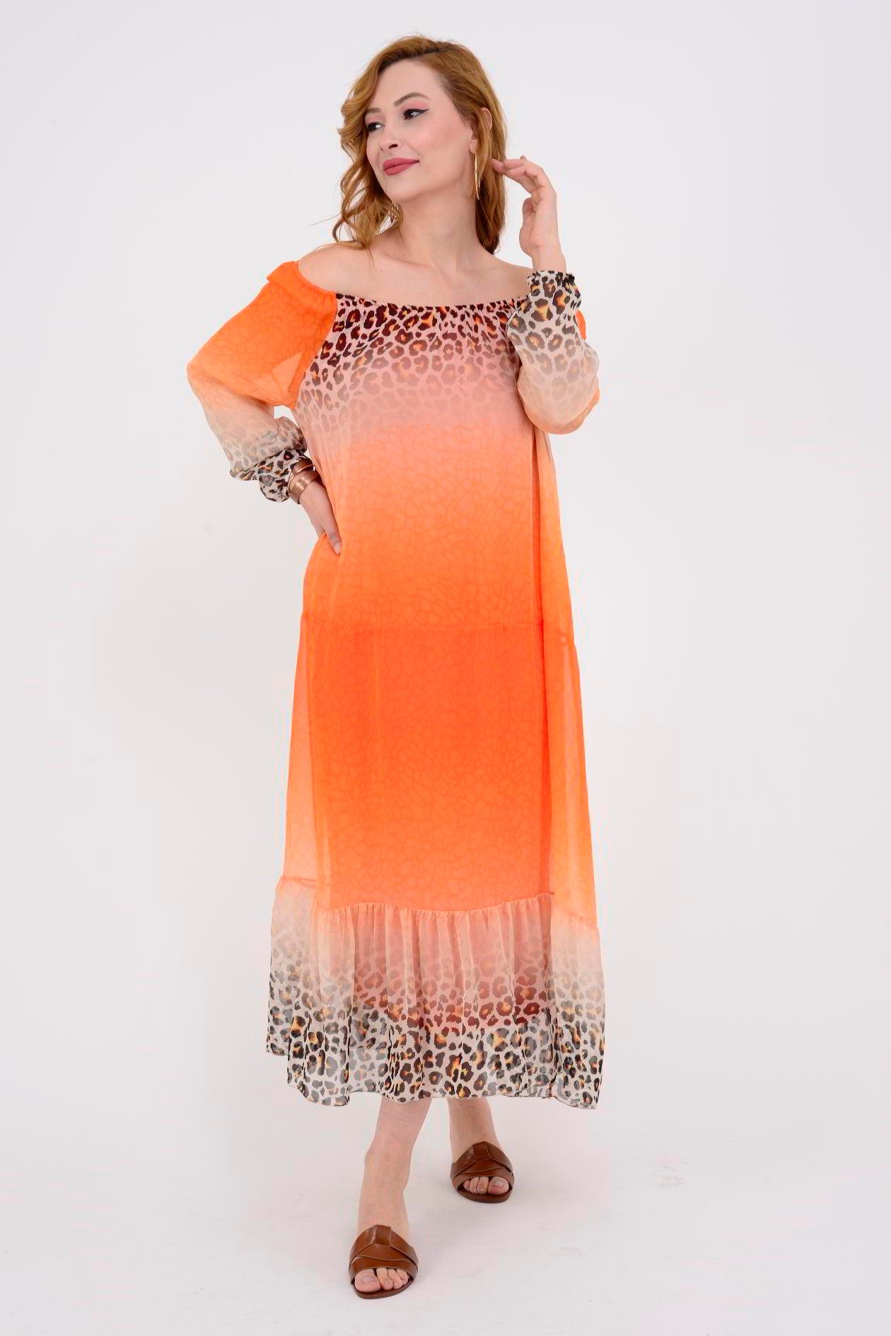 3986 LEOPAR DESEN LASTİK YAKA İPEK ELBİSE