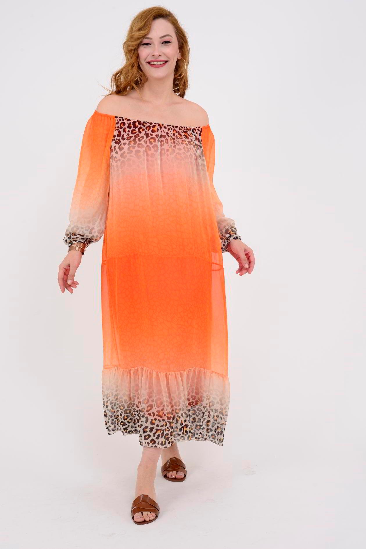 3986 LEOPAR DESEN LASTİK YAKA İPEK ELBİSE