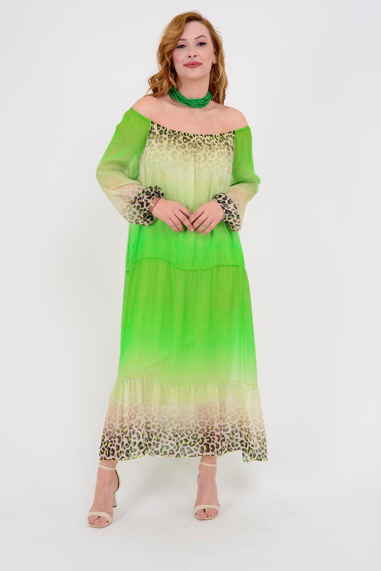 3986 LEOPAR DESEN LASTİK YAKA İPEK ELBİSE