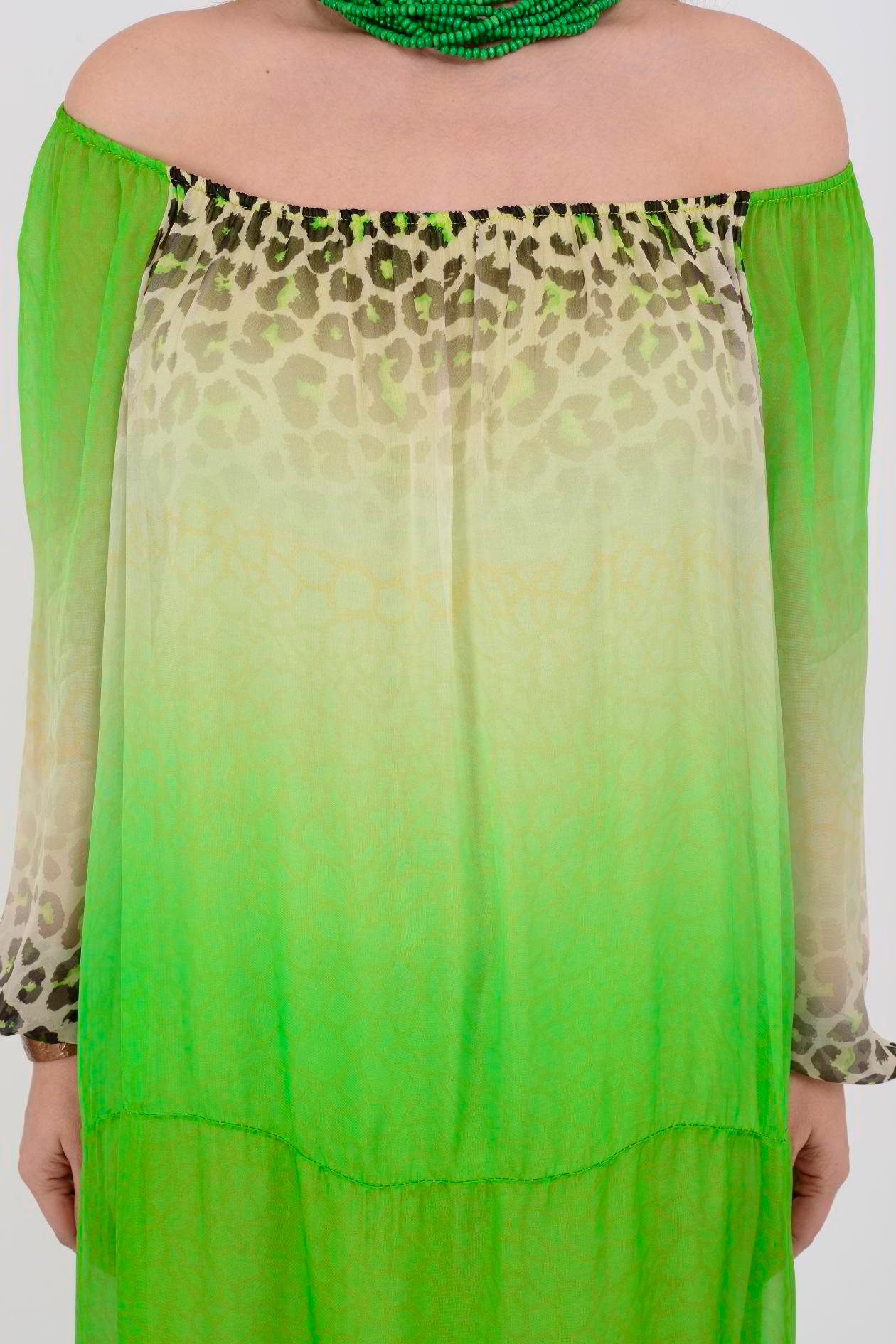 3986 LEOPAR DESEN LASTİK YAKA İPEK ELBİSE