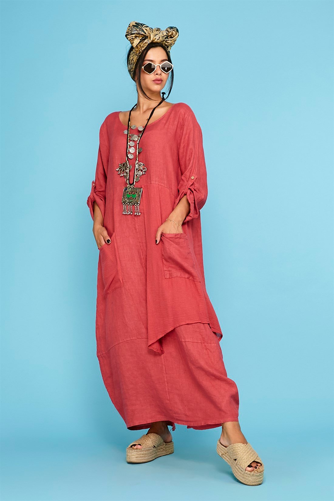 4072 FİLE DETAYLI BOYDAN KETEN ELBİSE