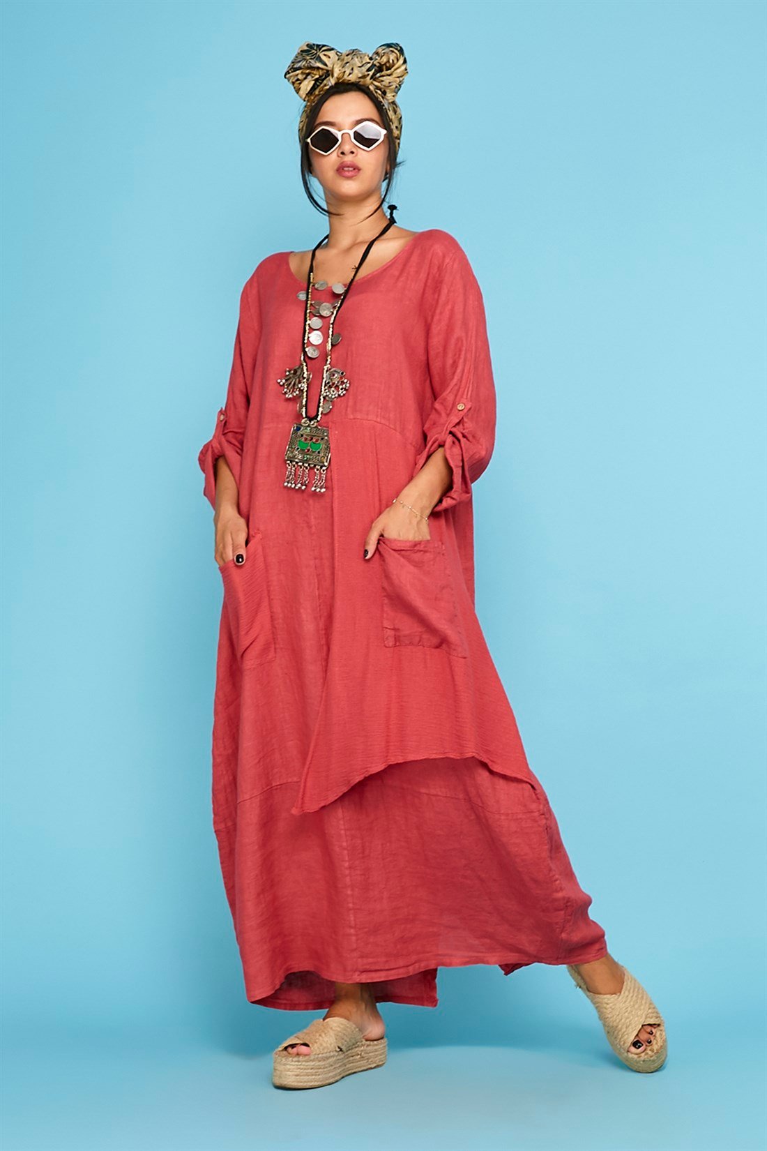 4072 FİLE DETAYLI BOYDAN KETEN ELBİSE