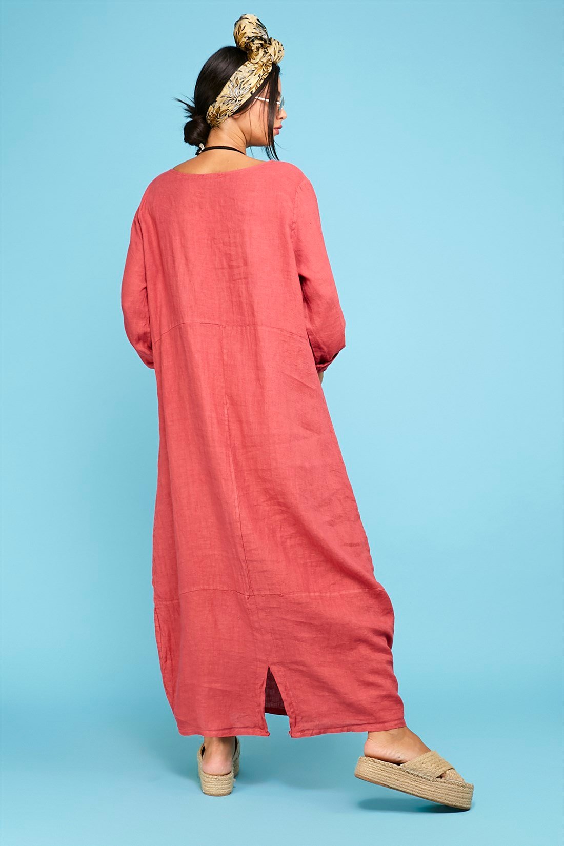 4072 FİLE DETAYLI BOYDAN KETEN ELBİSE