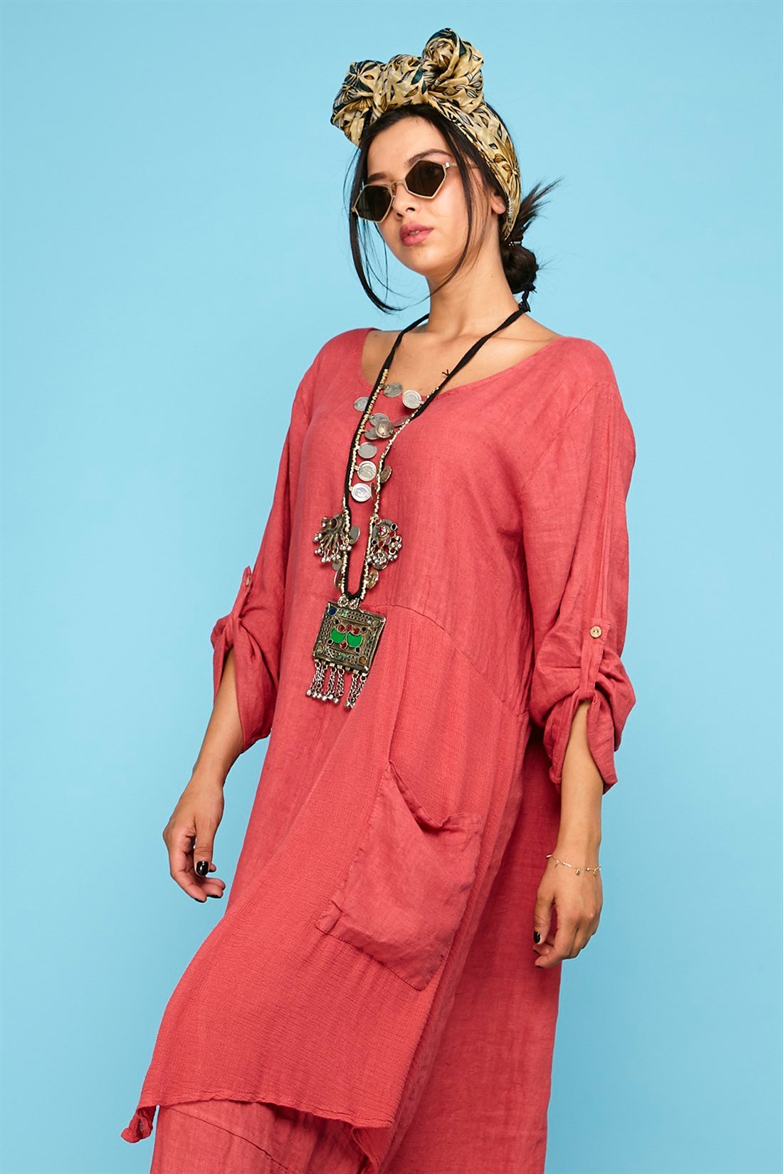 4072 FİLE DETAYLI BOYDAN KETEN ELBİSE