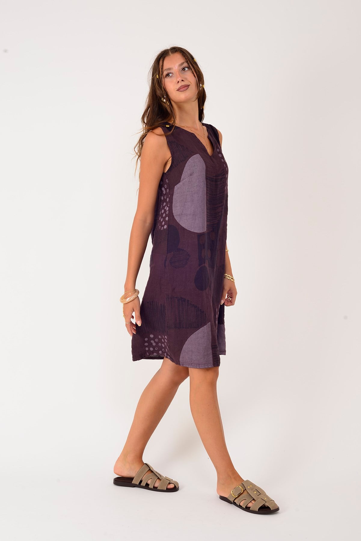 4617 PATCHWORK BENEKLİ KOLSUZ KISA KETEN ELBİSE