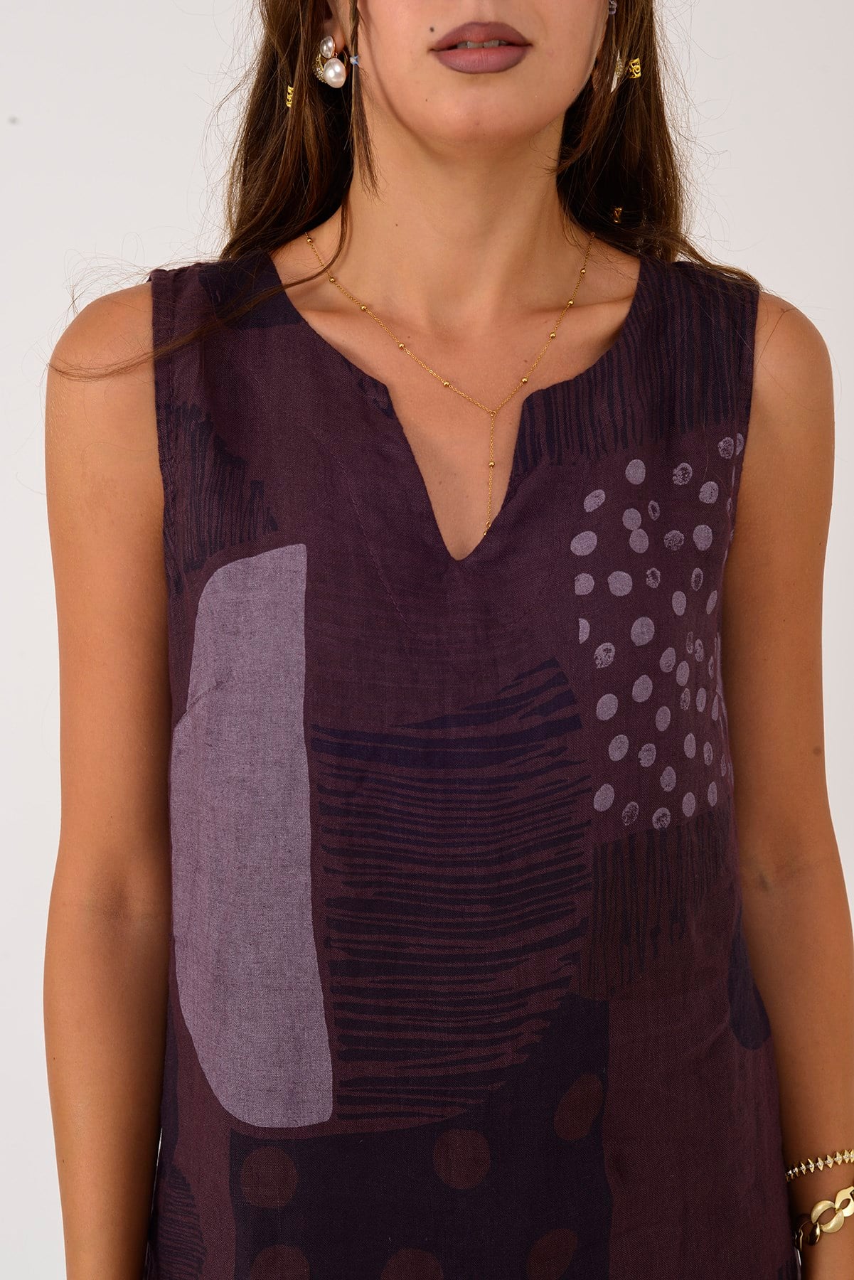 4617 PATCHWORK BENEKLİ KOLSUZ KISA KETEN ELBİSE