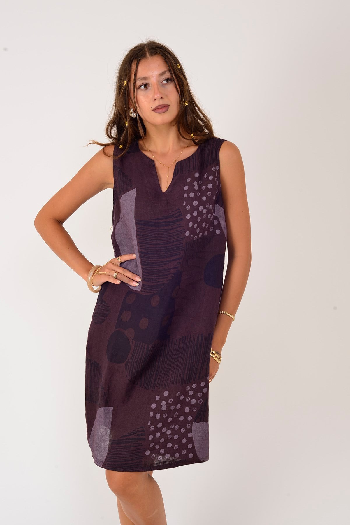 4617 PATCHWORK BENEKLİ KOLSUZ KISA KETEN ELBİSE