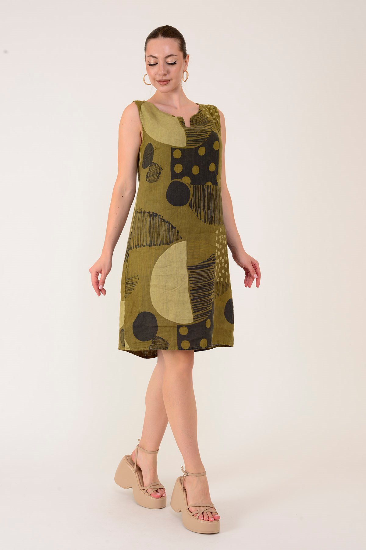 4617 PATCHWORK BENEKLİ KOLSUZ KISA KETEN ELBİSE