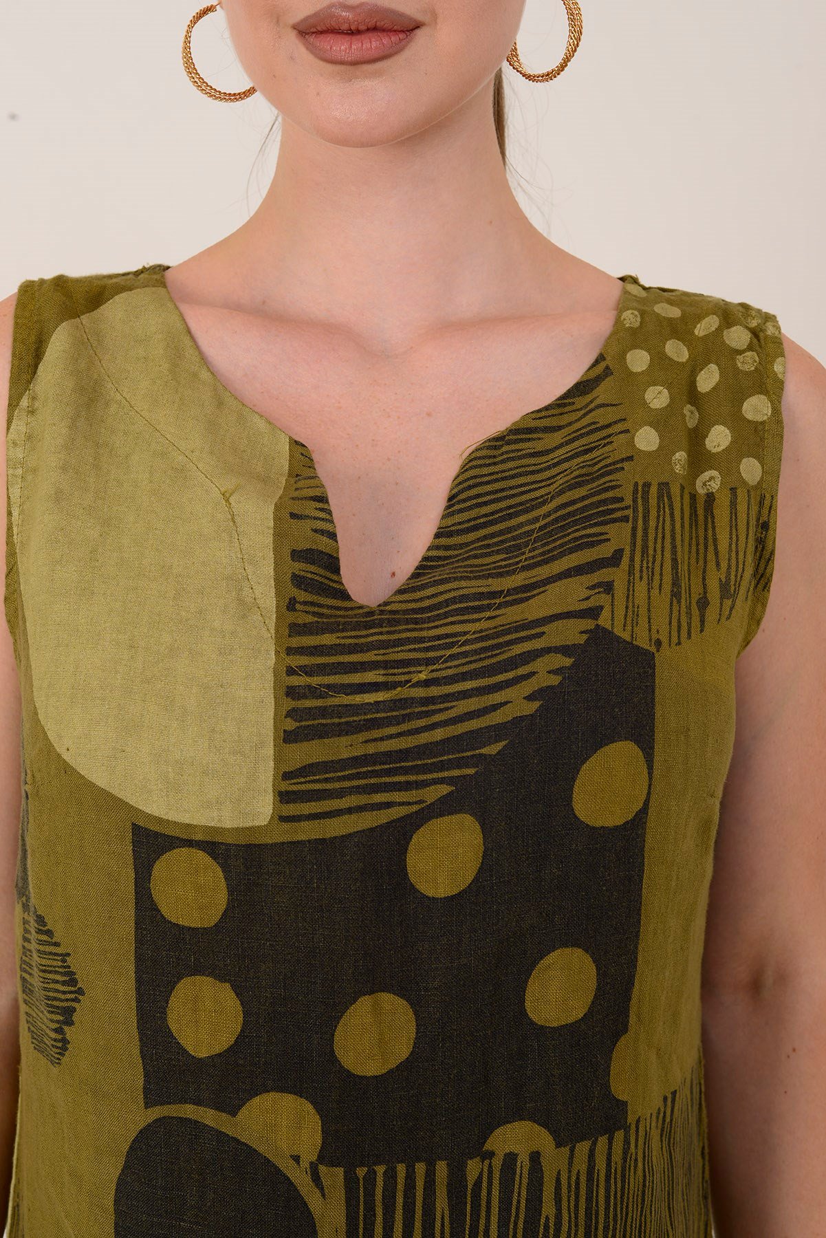 4617 PATCHWORK BENEKLİ KOLSUZ KISA KETEN ELBİSE