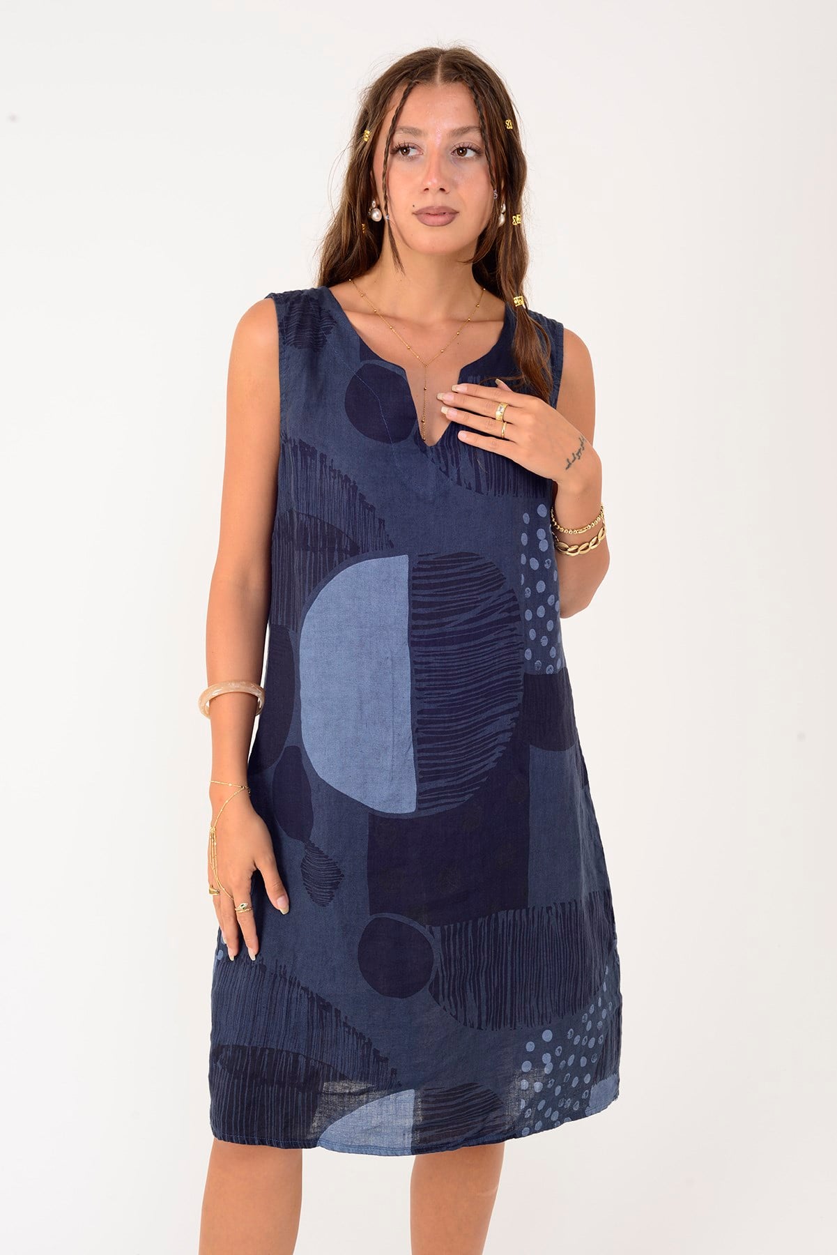 4617 PATCHWORK BENEKLİ KOLSUZ KISA KETEN ELBİSE