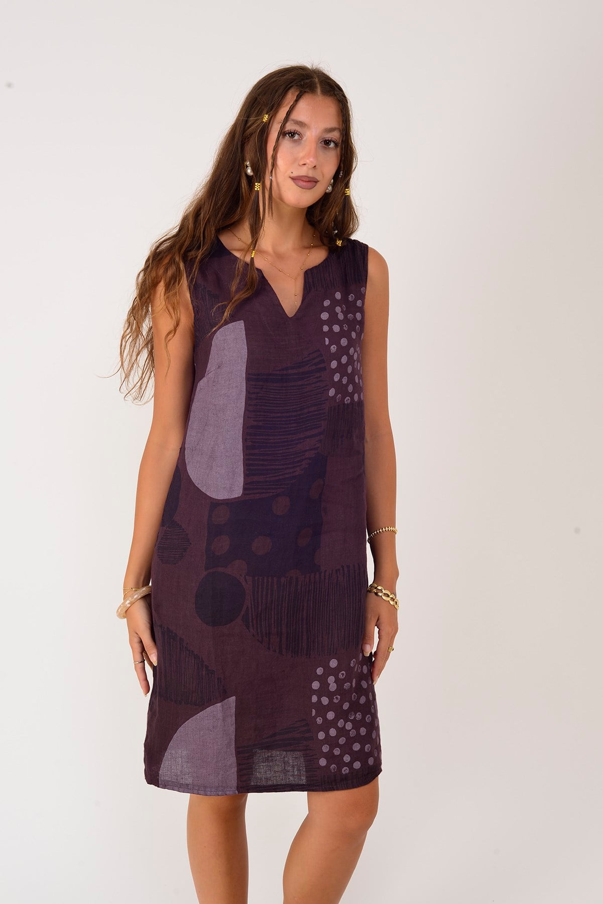 4617 PATCHWORK BENEKLİ KOLSUZ KISA KETEN ELBİSE
