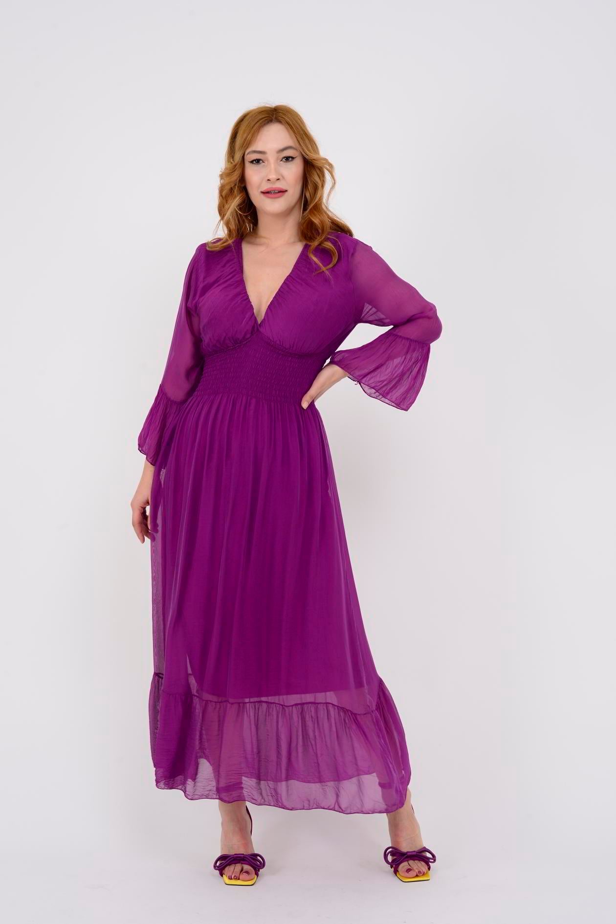 5087 ELENA BELDEN LASTİKLİ İPEK ELBİSE