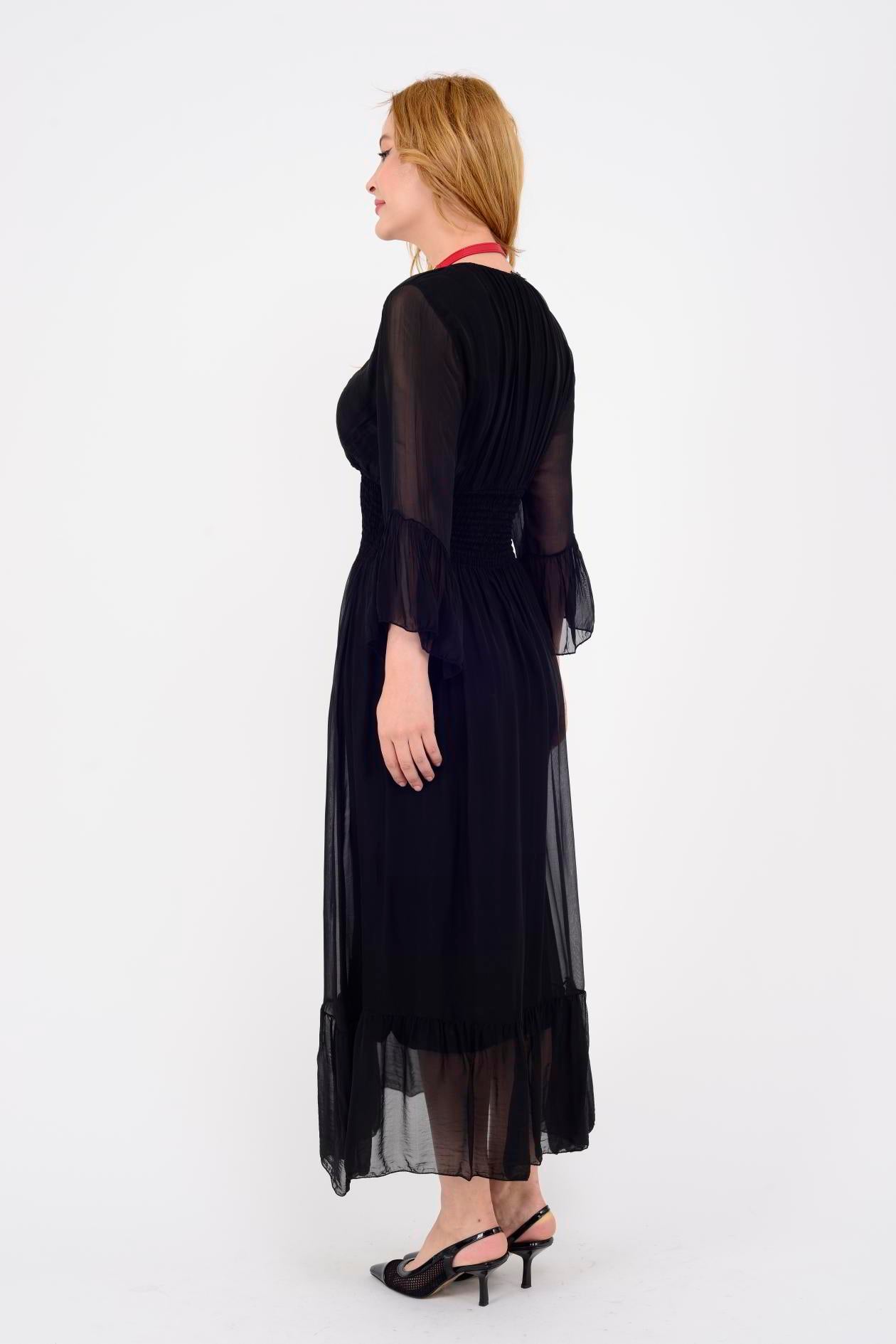5087 ELENA BELDEN LASTİKLİ İPEK ELBİSE