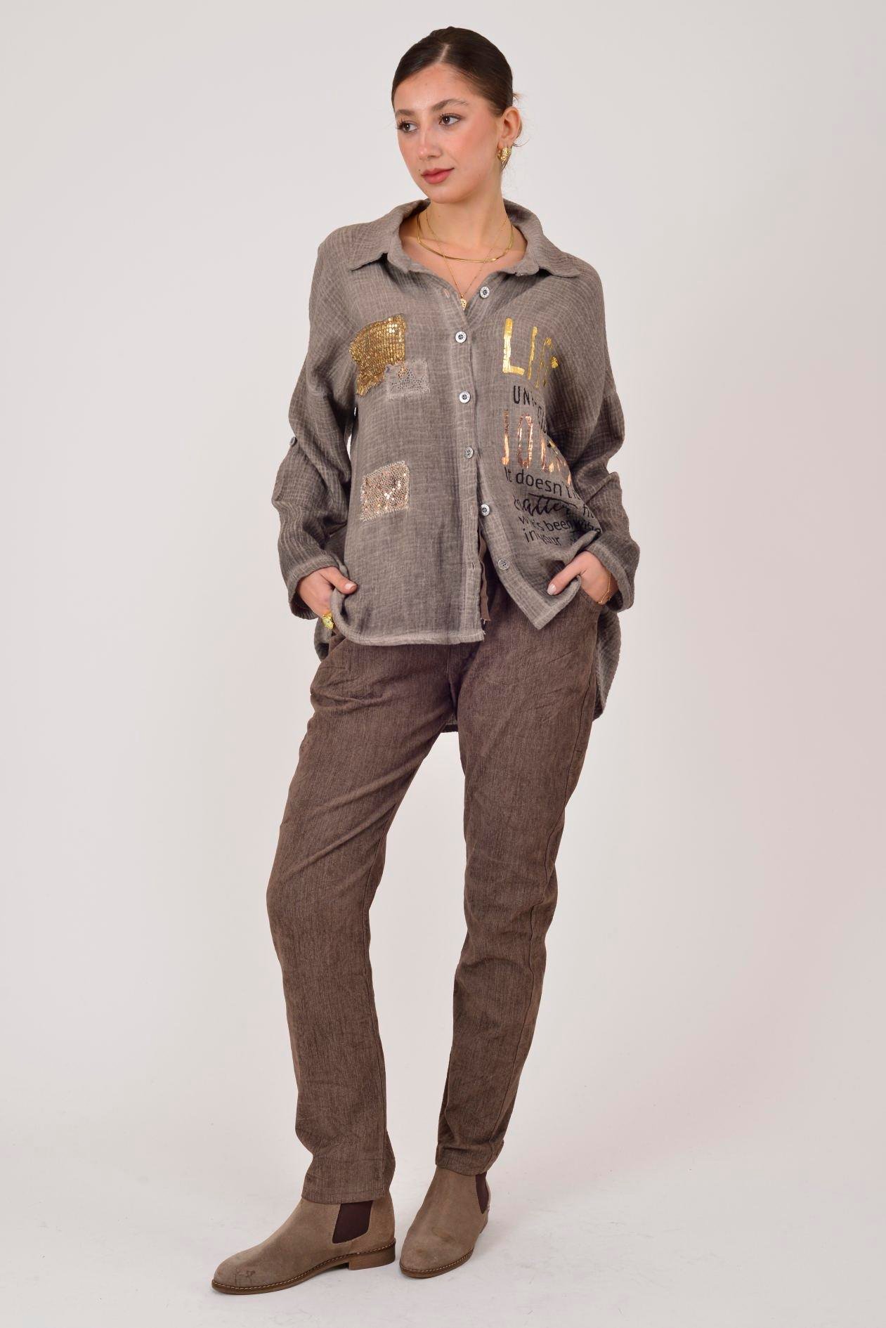 55791 YALDIZLI YAZI DESENLİ PAYETLİ MUSLİN GÖMLEK