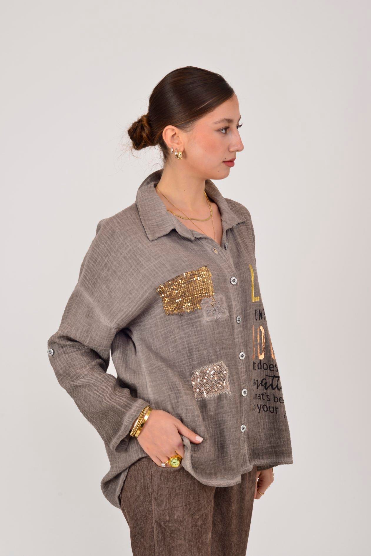 55791 YALDIZLI YAZI DESENLİ PAYETLİ MUSLİN GÖMLEK