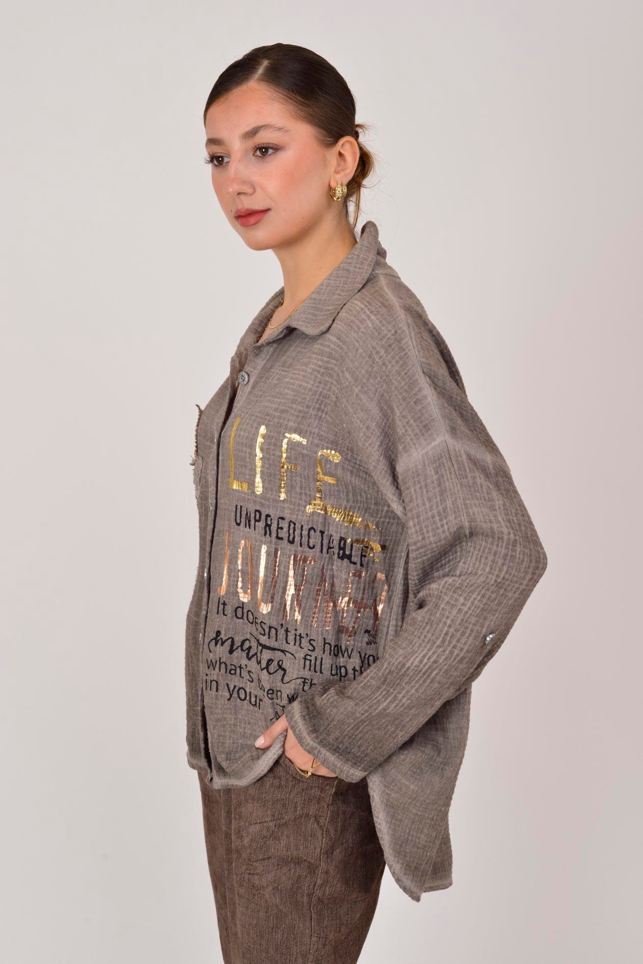 55791 YALDIZLI YAZI DESENLİ PAYETLİ MUSLİN GÖMLEK