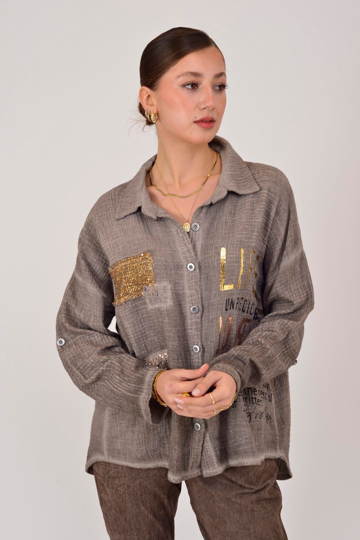 55791 YALDIZLI YAZI DESENLİ PAYETLİ MUSLİN GÖMLEK