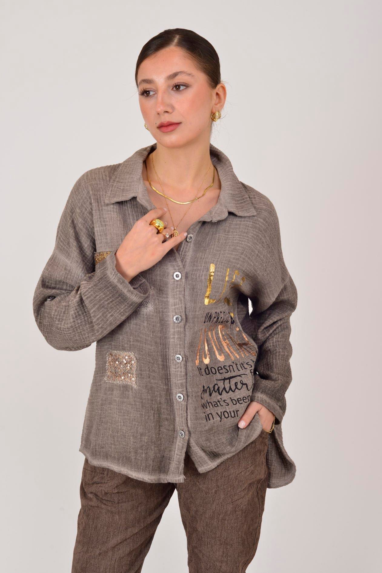 55791 YALDIZLI YAZI DESENLİ PAYETLİ MUSLİN GÖMLEK