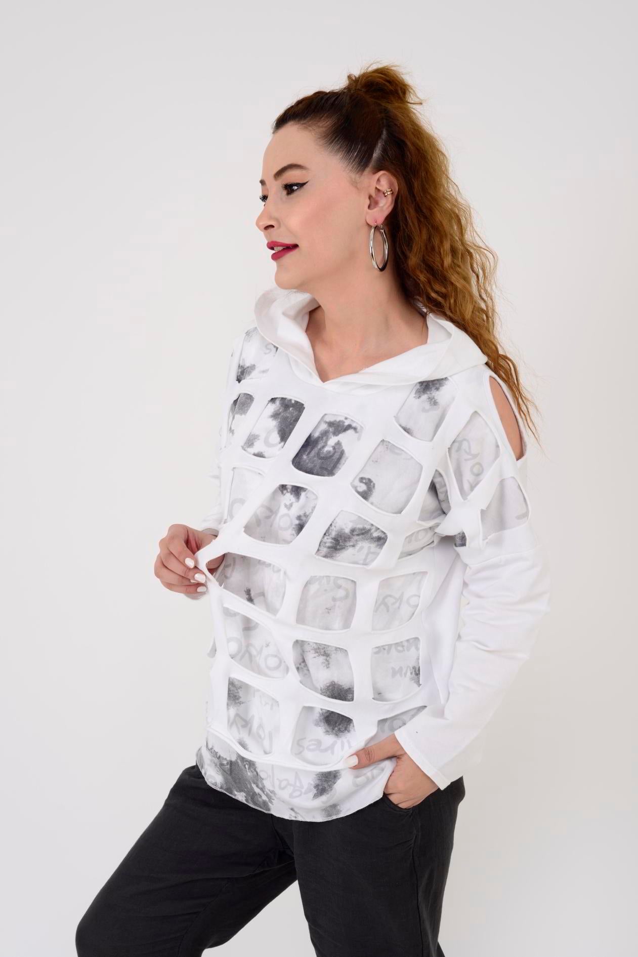 57502 OMUZ DEKOLTELİ KAPÜŞONLU SWEAT