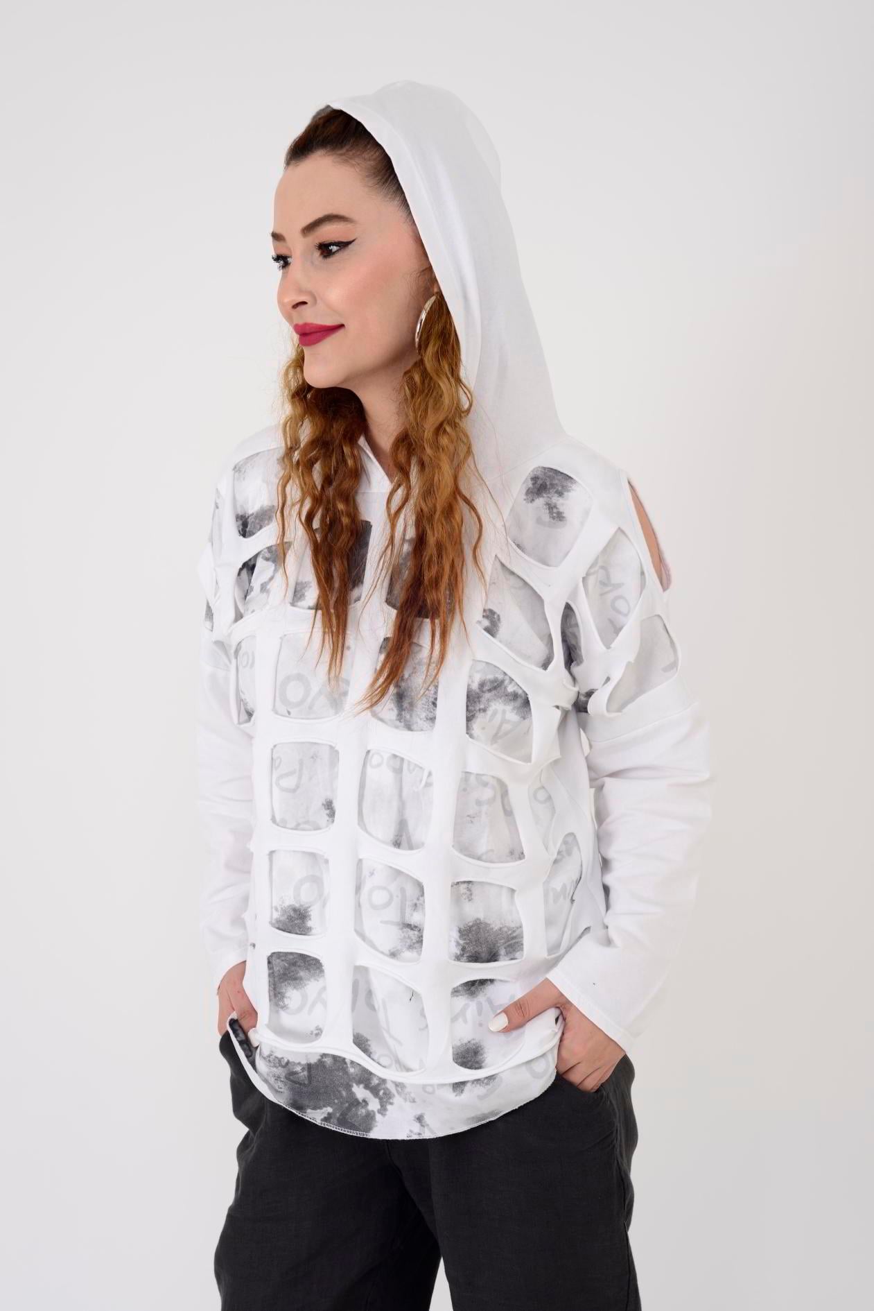 57502 OMUZ DEKOLTELİ KAPÜŞONLU SWEAT