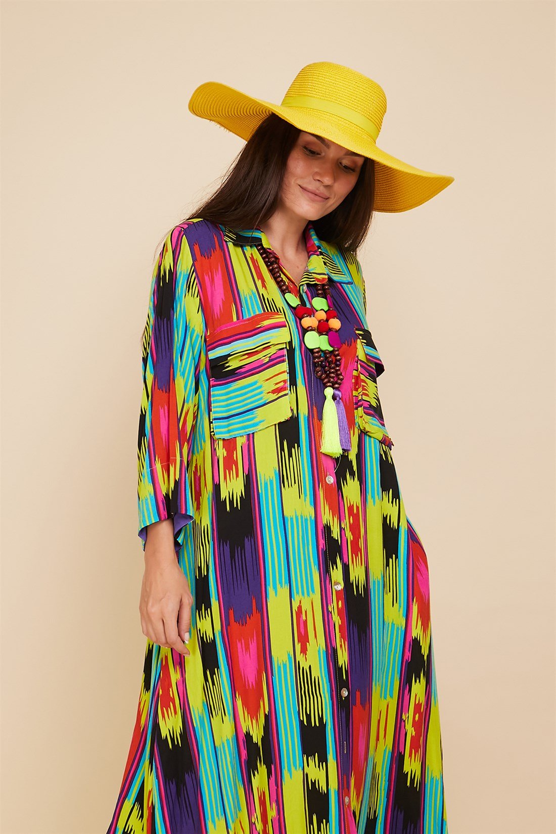 6001 CEPLİ RENKLİ BOHO GÖMLEK ELBİSE