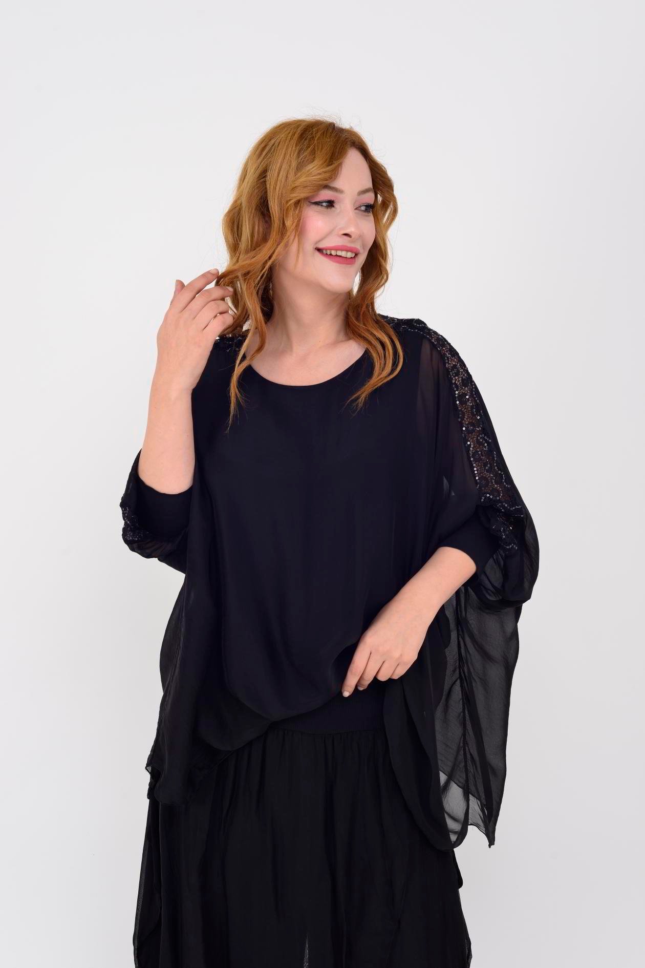 60045 KOLU DANTEL DETAYLI YARASA KOL İPEK BLUZ