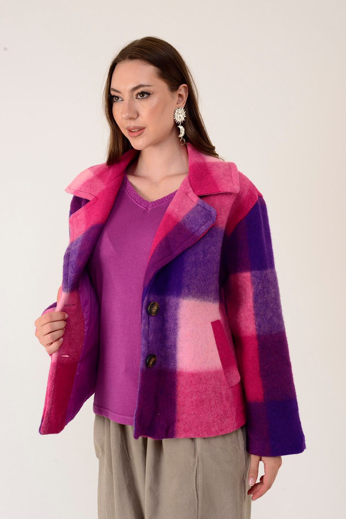60876 EKOSE DESEN KRUVAZE YAKA KEÇE KABAN